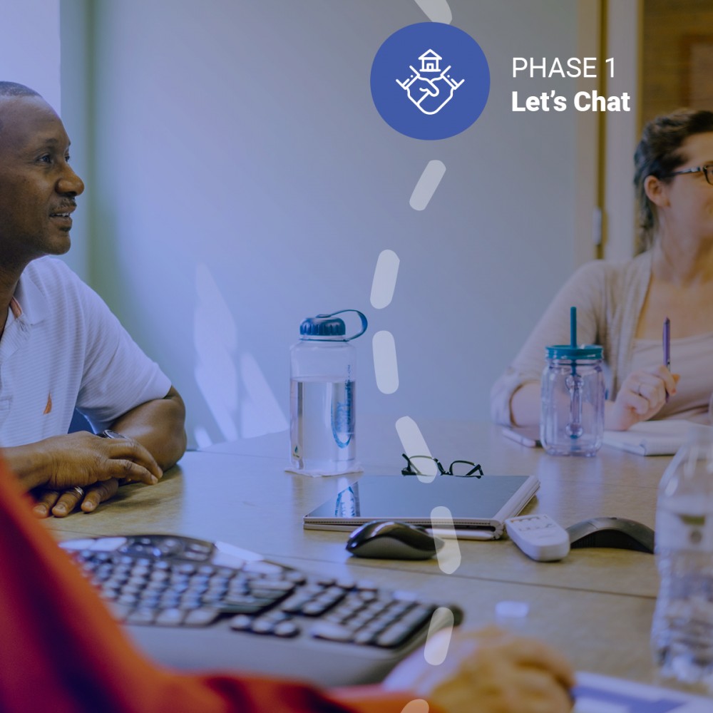 PHASE 1: Let's Chat    Tell us about your vision and we will set up a time to talk about how we can help. This is often when we discuss big picture goals, budgeting, estimating, high-level design, and financial feasibility. 