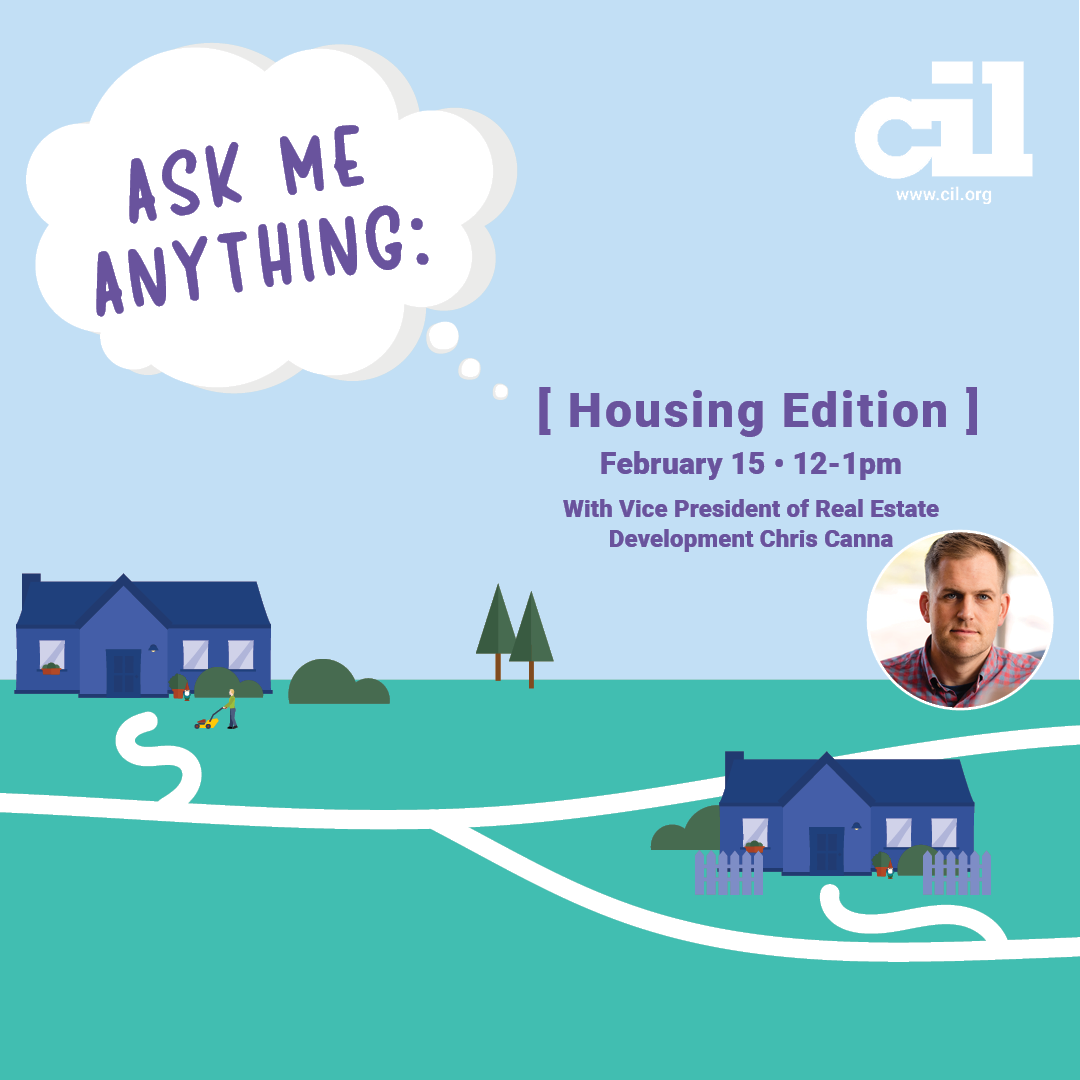 "Ask Me Anything" Cartoon of two blue houses with teel yards, image of Chris