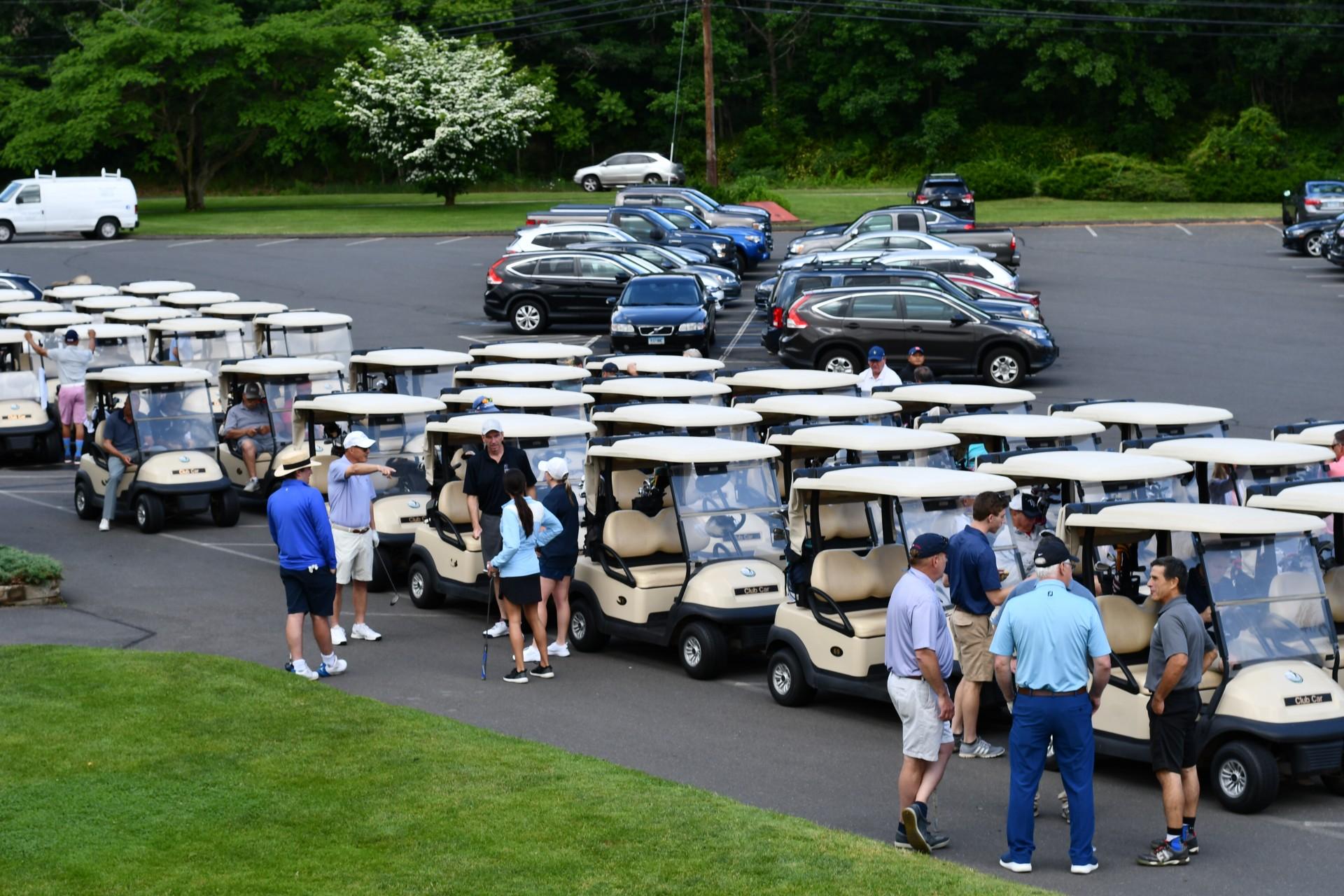 Golf carts lined up ready to be used