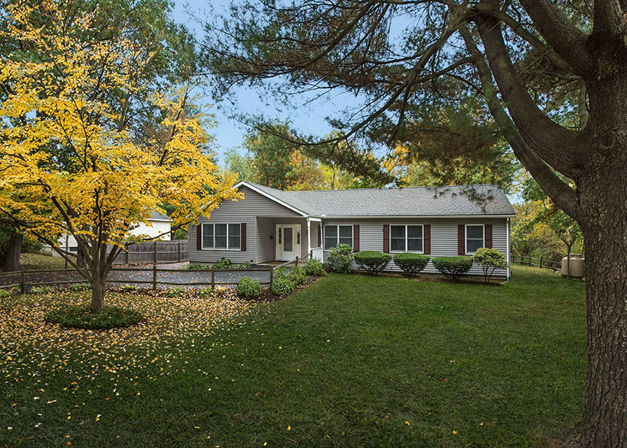 Gray house with yellow tree in the front yard
