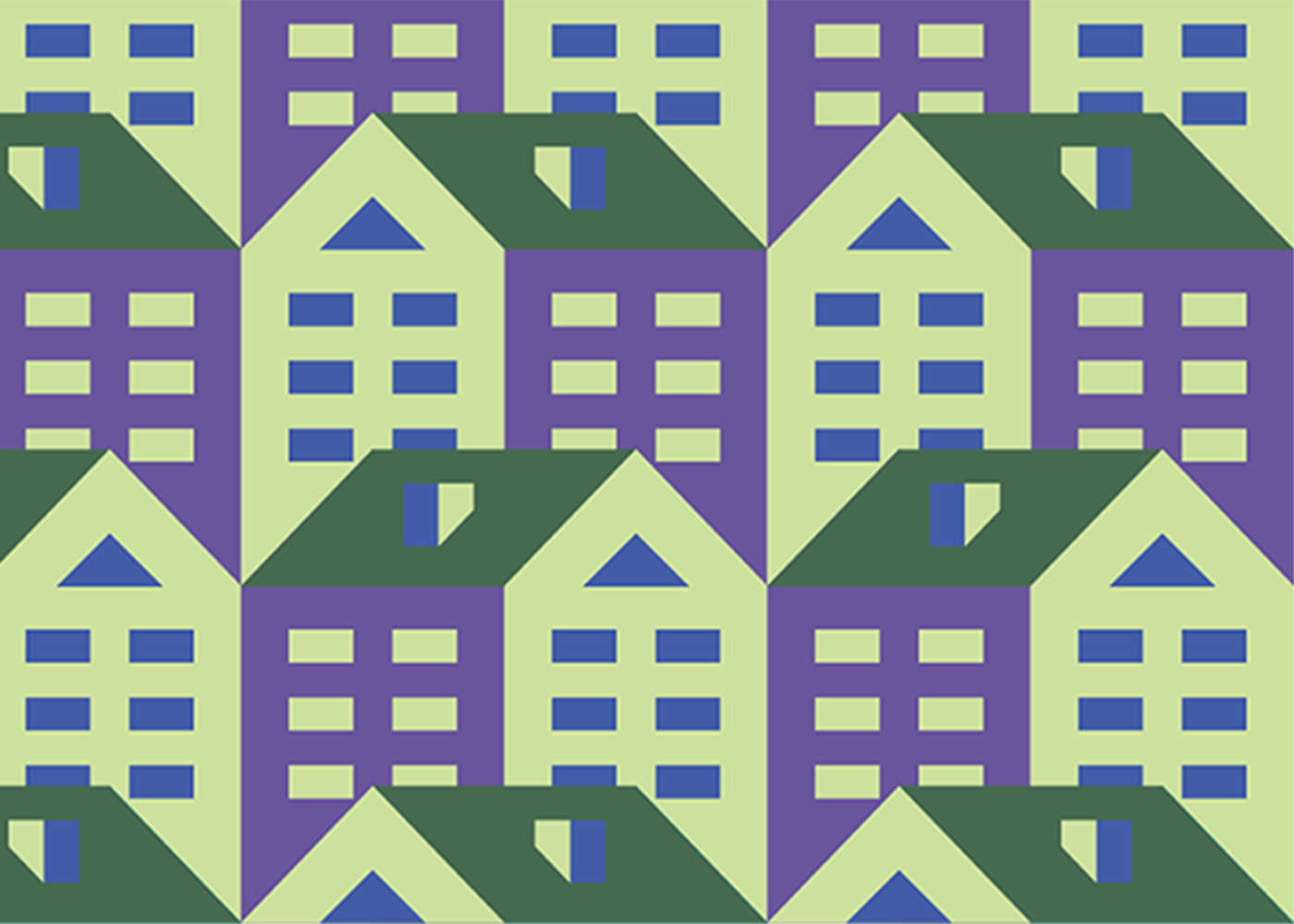 Graphic of purple, blue, and dark green houses stacked on top of each other. 