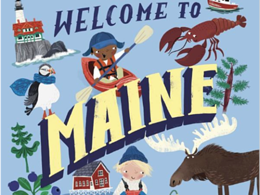 Maine graphic with penguins, kayaks, a lighthouse, lobster, moose and other state symbols
